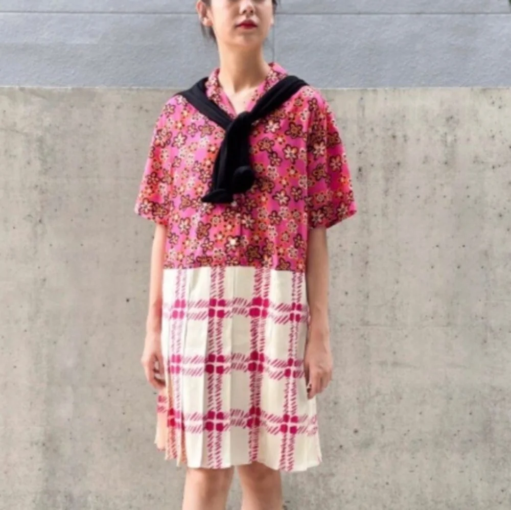Marni Pink Floral Top and Plaid Skirt Mixed-Print Dress - Picture 1 of 16
